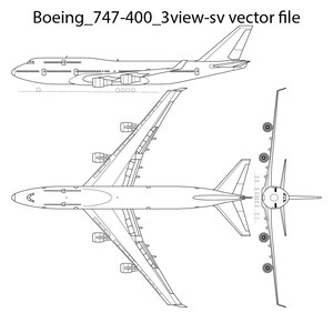May include: A black and white line drawing of a Boeing 747-400 airplane in three views: side, top, and bottom. The drawing shows the plane's wings, tail, engines, and landing gear.