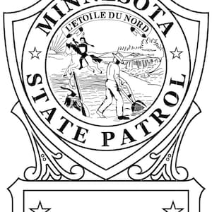 May include: Black and white Minnesota State Patrol emblem. The emblem features a circular design with the words "Minnesota State Patrol" and "L'Etoile du Nord". The center depicts a landscape with figures and a horse.