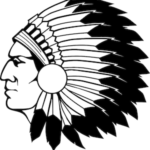 May include: Black and white illustration of a Native American man wearing a traditional headdress with feathers. The headdress is large and covers most of the man's head. The man's face is in profile, and he has a serious expression.