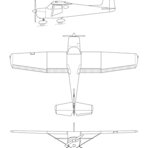 May include: A line drawing of a Cessna 150 airplane in three views: side, top, and front. The drawing shows the basic shape and features of the aircraft.
