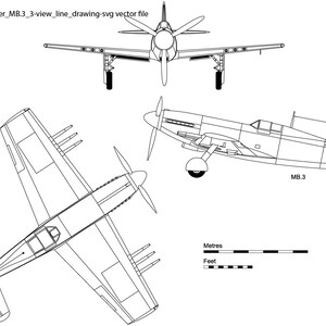 Könnte beinhalten: Eine Schwarzweiß-Linienzeichnung eines Martin-Baker MB.3 Flugzeugs in drei Ansichten: von oben, von der Seite und von vorne. Die Zeichnung enthält Details wie Flügel, Heck und Motor.