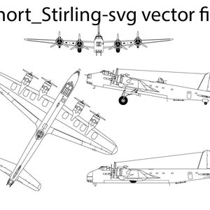 Puede incluir: Un dibujo en blanco y negro de un avión bombardero Short Stirling. El avión se muestra en tres vistas diferentes: desde el frente, desde el lateral y desde arriba.