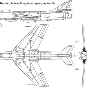 Hawker Hunter 3 Ansicht Linie Zeichnung svg Vektor-Datei, schwarz weiß, Hubschrauber, Jet, Linie Kunst, Cricut, Kampfflugzeug, Gravur, Umriss, Laserschnitt