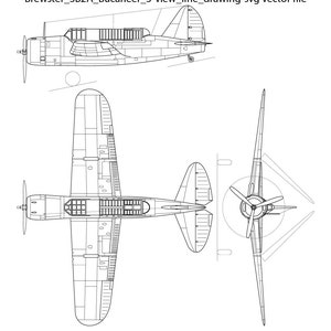 May include: A line drawing of a Brewster SB2A Buccaneer aircraft in three views: side, top, and front. The drawing shows the aircraft's detailed design, including the wings, fuselage, tail, and engine.