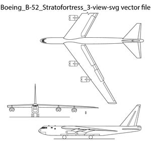 May include: A black and white line drawing of a Boeing B-52 Stratofortress bomber aircraft. The aircraft is shown in three views: top, side, and bottom. The drawing is simple and detailed, showing the aircraft's wings, fuselage, tail, and engines.