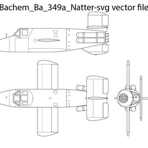 May include: A black and white line drawing of a German Bachem Ba 349a Natter rocket-powered interceptor aircraft. The drawing shows the aircraft from three different angles: side, top, and front.