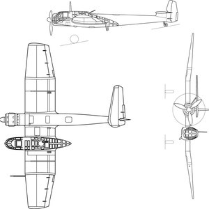 May include: A black and white line drawing of a Dornier Do 17, a German bomber aircraft, in three views: top, side, and front. The aircraft has a long, slender fuselage, a high-mounted wing, and a tail with a single fin and rudder.