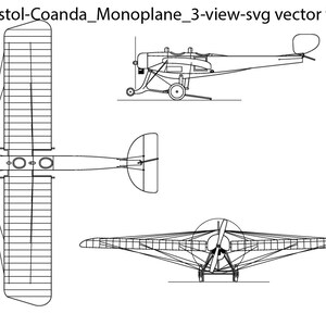 May include: A black and white line drawing of a Bristol-Coanda Monoplane, a vintage aircraft, in three views: top, side, and front. The drawing shows the plane's wings, fuselage, tail, and engine.