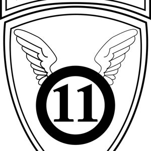 May include: Black and white Airborne patch with a shield shape. The word "AIRBORNE" is at the top. The shield features a circle with the number "11" and wings on either side.