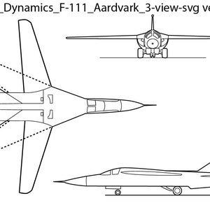 May include: A black and white line drawing of the General Dynamics F-111 Aardvark aircraft. The drawing shows the aircraft from three different angles: top, front, and side.