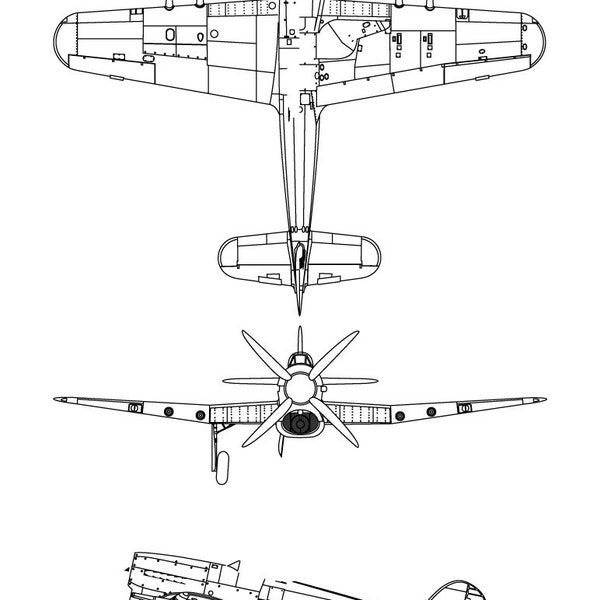 Hawker Typhoon 3 view svg vector file, black white, helicopter, jet, line art, cricut, fighter, engraving, outline, laser cut