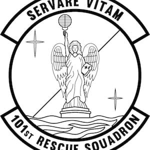 Könnte beinhalten: Schwarz-weiß-Illustration eines Kreises mit einem geflügelten Engel, der ein Kreuz und eine Lampe hält. Der Text "SERVARE VITAM 101st RESCUE SQUADRON" befindet sich um den Kreis herum.