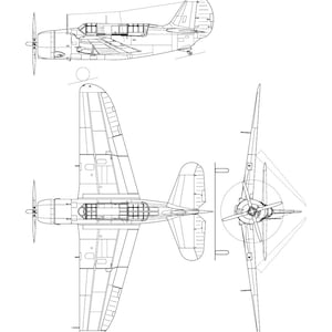 Pode incluir: Um desenho a traço em preto e branco de um avião Curtiss SB2C Helldiver, apresentado em três vistas: lateral, superior e frontal. A ilustração detalhada mostra a estrutura do avião, incluindo asas, hélice e cauda.