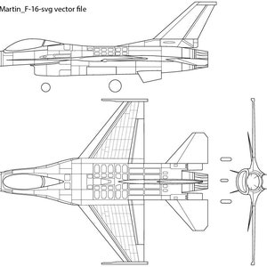 May include: A line drawing of a Lockheed Martin F-16 fighter jet in three views: top, side, and rear. The drawing shows the aircraft's detailed design, including the wings, tail, and engine.