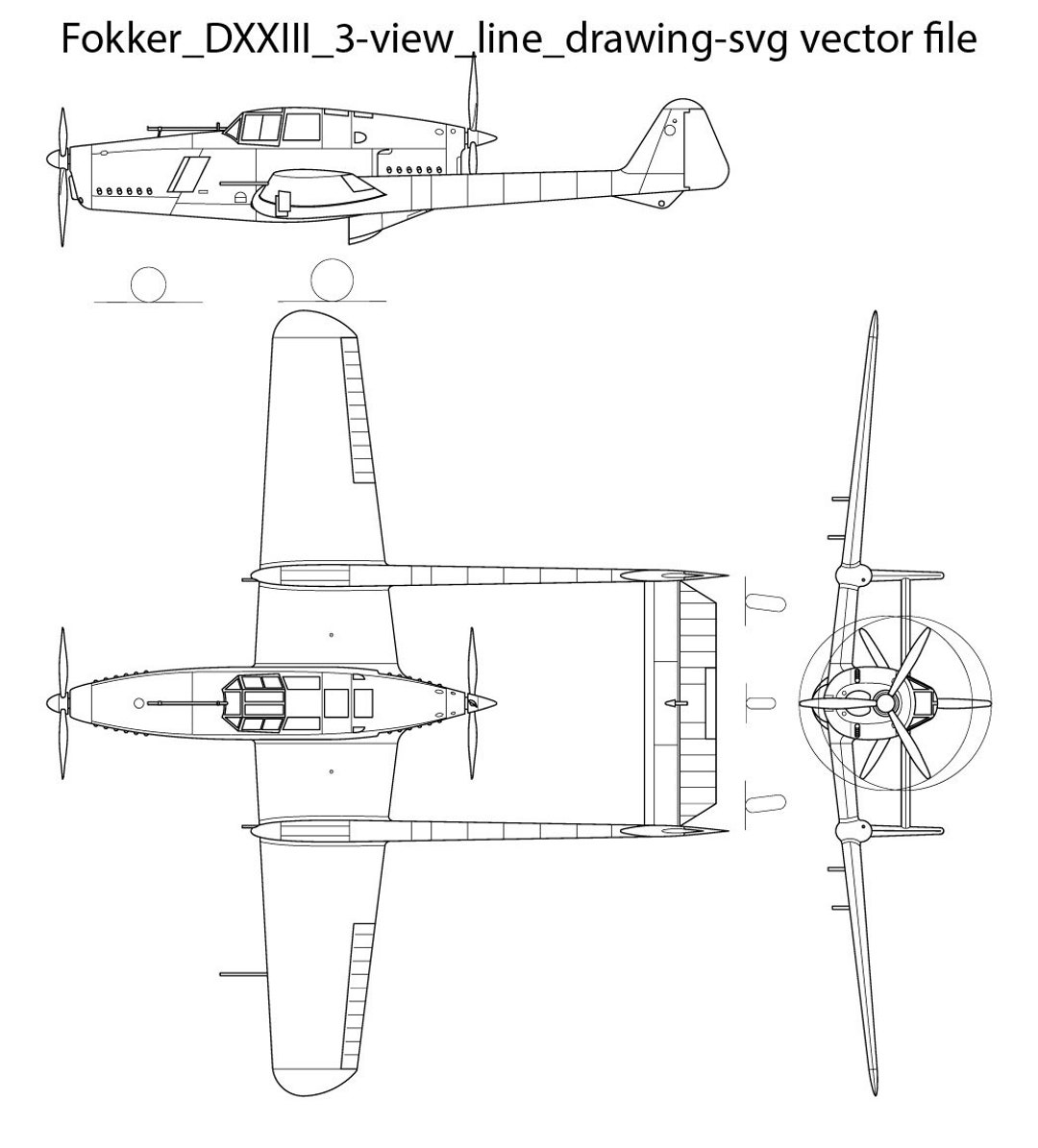 Fokker DXXIII 3 View Line Drawing Svg Vector File, Black