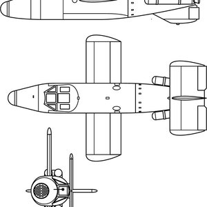 May include: A black and white line drawing of a jet-powered guided missile. The missile is shown from three different angles: side, top, and bottom. The missile has a pointed nose, a long fuselage, and a pair of wings. The missile is equipped with a jet engine and a tail fin.