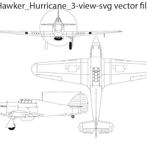 Puede incluir: Un dibujo de tres vistas de un avión Hawker Hurricane. El dibujo muestra el avión desde arriba, de frente y de lado.