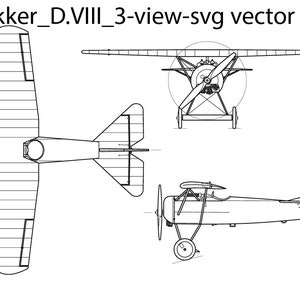 Fokker D VIII 3 view svg vector file, black white, helicopter, jet, line art, cricut, fighter, engraving, outline, laser cut