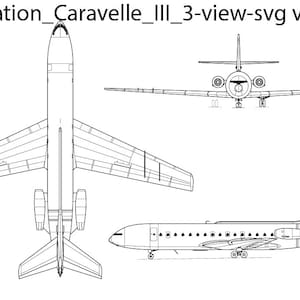 May include: A black and white line drawing of a Sud Aviation Caravelle III airplane in three views: top, front, and side. The drawing shows the aircraft's overall shape, wings, tail, and engines.