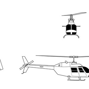 Puede incluir: Un dibujo en blanco y negro de un helicóptero desde tres ángulos diferentes. El helicóptero es un Bell 206 JetRanger.