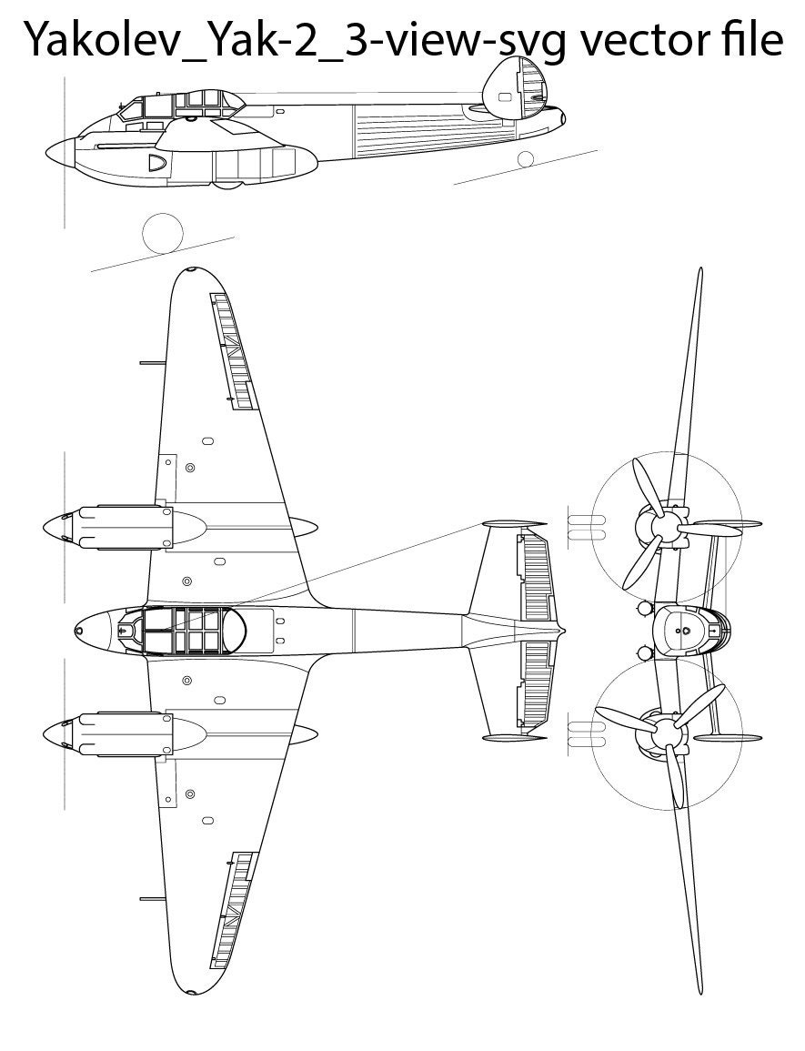 Yakolev Yak 2 3 view svg vector file, black white, helicopter, jet, line art, cricut, fighter, engraving, outline, laser cut