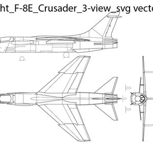 Puede incluir: Un dibujo de línea de tres vistas de un avión a reacción Vought F-8E Crusader. El dibujo muestra el avión desde los lados, la parte superior y la parte delantera.