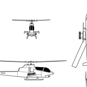 Bell AH 1G Cobra helikopter 3 weergave vectorbestand straaljager vliegtuigen oorlog zwart wit svg overzicht cnc gesneden lasergesneden houtgravure, laserbestand