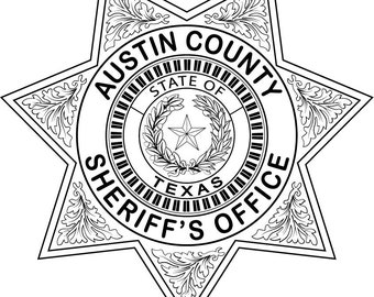 Insignia de la oficina del sheriff del condado de Austin, insignia de Texas, blanco y negro, svg, contorno, corte cnc, corte láser, digital, grabado en madera, archivo láser
