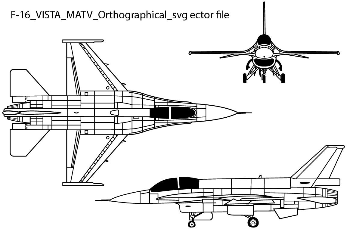 F 16 VISTA MATV Orthographical svg vector file, black white, helicopter, jet, line art, cricut, fighter, engraving, outline, laser cut