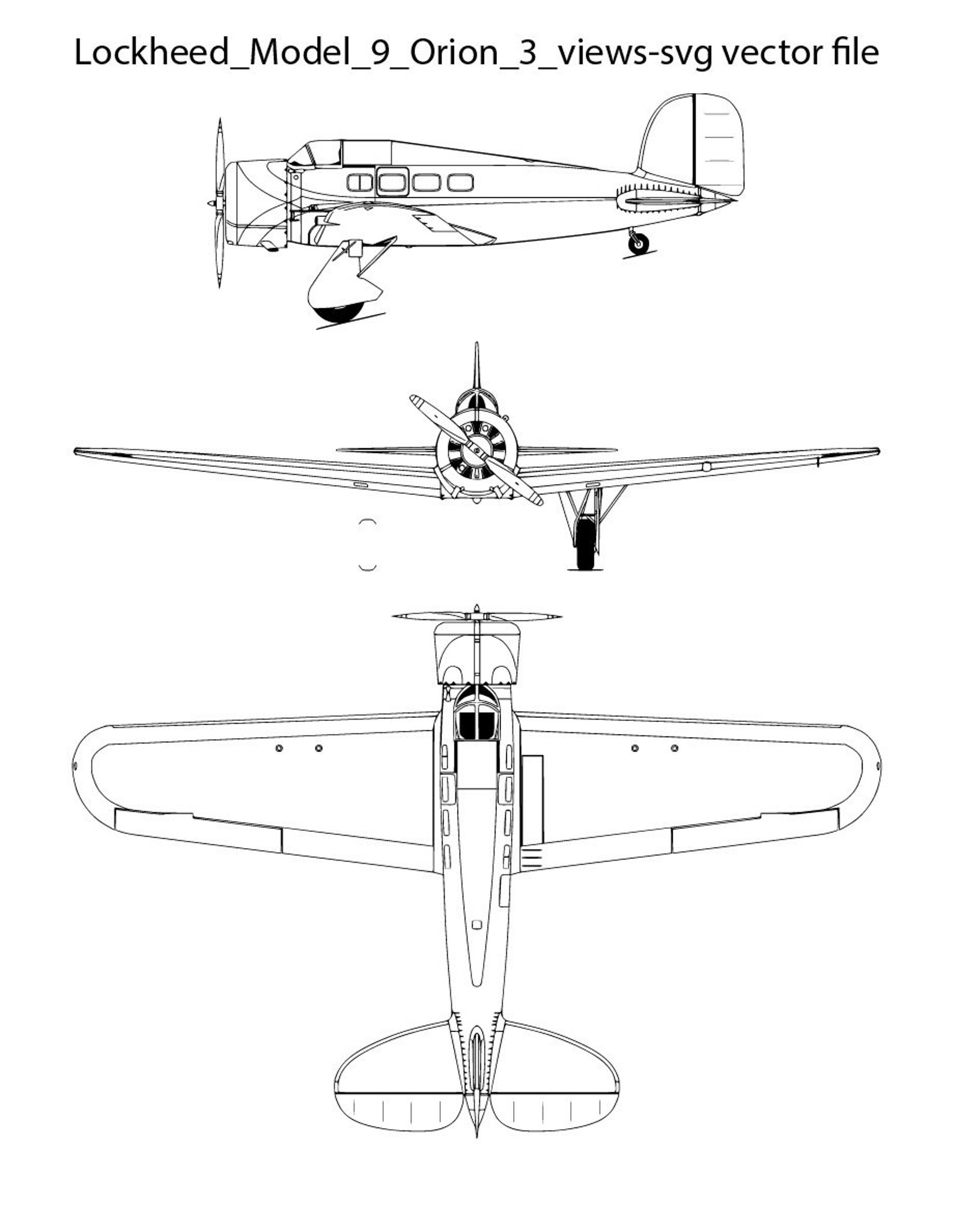 Lockheed Model 9 Orion 3 Views Svg Vector File, Black White, Helicopter ...