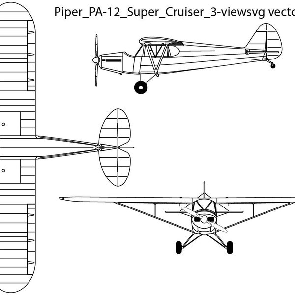 Piper PA 12 Super Cruiser 3 view svg vector file, black white, helicopter, jet, line art, cricut, fighter, engraving, outline, laser cut