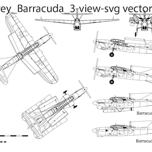 Könnte beinhalten: Eine Schwarzweiß-Linienzeichnung eines Fairey Barracuda in 3D-Ansicht. Die Zeichnung zeigt das Flugzeug von oben, der Seite und der Vorderseite. Die Texte "Barracuda Mk.II" und "Barracuda Mk.V" sind auf der Zeichnung sichtbar.