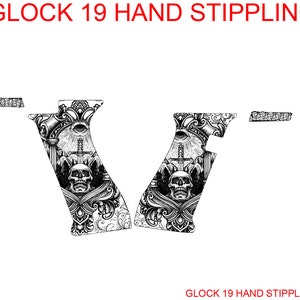 Puede incluir: Diseño gráfico en blanco y negro con una calavera y huesos cruzados con una espada y un ojo. El diseño es para un stippling manual Glock 19.