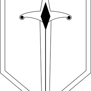 May include: A black and white line drawing of a sword on a white shield.