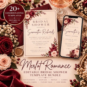 May include: A bridal shower invitation template bundle featuring burgundy and cream floral accents. The text reads: 20+ COORDINATING TEMPLATES, EDITABLE IN CANVA, PLEASE JOIN US FOR A BRIDAL SHOWER HONORING SAMANTHA RICHARDS, MERLOT ROMANCE.