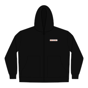 May include: Black zip-up hoodie with a hood and two front pockets. The hoodie features the text "HUGHES & BROS-" in a rectangular orange and white design on the upper left chest area. The hoodie is made of a soft, comfortable material.