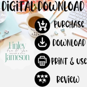 May include: Digital download instructions with icons for purchase, download, print, and review. The text "Finley Fin & Jac DESIGNS & GIFTS Jameson" is also visible.