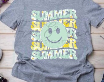 Summer smiley face png, summer pattern png, summer, shirt design, tote bag png, wavy stacked letters