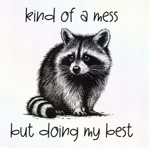 May include: Black and white illustration of a raccoon with the text "kind of a mess but doing my best".