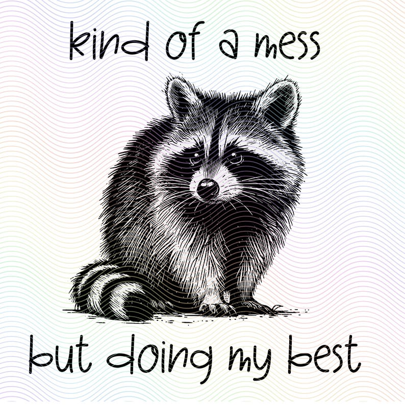 May include: Black and white illustration of a raccoon with the text "kind of a mess but doing my best".