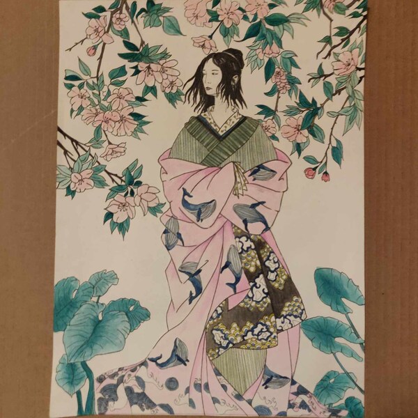 œuvre originale d'inspiration japonaise, décoration, peinture aquarelle, exemplaire unique
