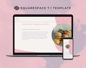 May include: A website mockup for a bakery called "The Sweet Shop" featuring a pink and white color scheme. The website advertises custom cakes, cupcakes, and macarons. The text "Sweeten your moments with The Sweet Shop!" is displayed on the website.