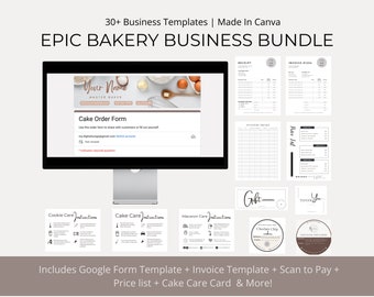 May include: A digital mockup of a bakery business bundle with 30+ templates. The bundle includes a Google Form template, invoice template, scan to pay, price list, cake care card, and more. The image features a computer screen displaying a cake order form, a receipt, an invoice, a price list, and a gift tag. There are also three cake care cards for cookies, cakes, and macarons.