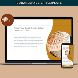 May include: A laptop and a mobile phone display a website for a bakery called Crust & Crumb. The website features a photo of a freshly baked sourdough loaf of bread. The text on the website reads "Artisan Sourdough Breads, Baked Goods, and More" and "Savor the Flavor of Crust & Crumb!"