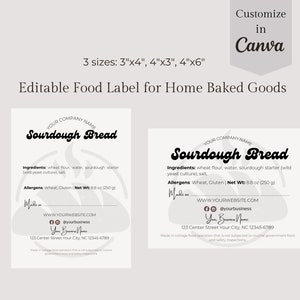 Cottage Law Bakery Labels Cottage Food Label Template Home Baked Goods Label Ingredient Label Template for Sourdough Bread