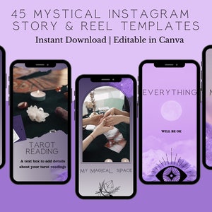 Könnte beinhalten: Ein digitales Produkt mit 45 mystischen Instagram Story- und Reel-Vorlagen. Die Vorlagen werden auf Smartphones mit verschiedenen Designs angezeigt, darunter Tarot-Lesungen, positive Vibes und himmlische Bilder. Text enthält "Instant Download | Editable in Canva."