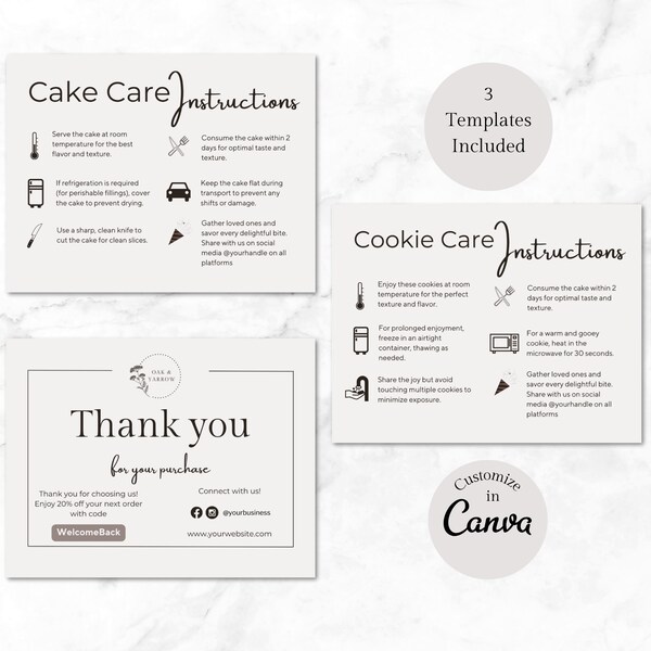 Cake Care Card Template Care Instructions Cookie Care Card Printable Care Card Cake Care Thank You Card Cake Business Bakery Business