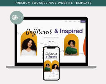 May include: A laptop computer displaying a website with the text "Unfiltered & Inspired" and a podcast logo. The website is for a podcast about lorem ipsum dolor. The laptop is on a white surface.