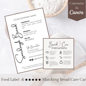 Tarjeta para el cuidado del pan de masa madre Ley artesanal Etiqueta de los alimentos Etiqueta de masa madre Plantilla de etiqueta de ingredientes alimentarios Etiqueta de pan casero Instrucciones para el cuidado del pan
