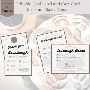 Paquete de tarjetas para el cuidado del pan y etiquetas de alimentos para pan de masa madre, etiquetas de alimentos caseras imprimibles con bricolaje para hornear artesanalmente, instrucciones para el cuidado del pan incluidas